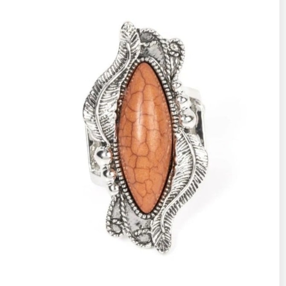 Sahara Serendity Brown Paparazzi Silver Leaf Ring with Orange Marquise Stone